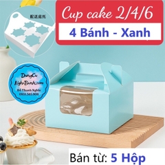 Hộp Giấy - Cup Cake - Quai Xách - 4 Bánh - Màu Xanh