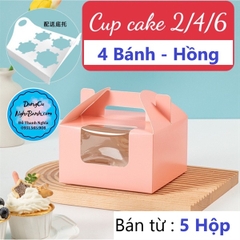 Hộp Giấy - Cup Cake - Quai Xách - 4 Bánh - Màu Hồng