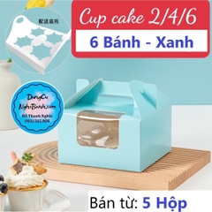 Hộp Giấy - Cup Cake - Quai Xách - 6 Bánh - Màu Xanh