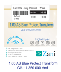Tròng kính Zani đổi màu khói 1.60 Blue Protect Transform