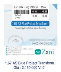 Tròng kính Zani đổi màu khói 1.67 Blue Protect Transform