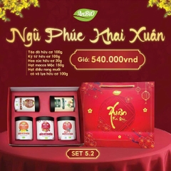 Set 5.2 - Ngũ phúc khai xuân ( táo đỏ, kỷ tử, hoa cúc, macca, hạt điều rang muối có vỏ lụa (hộp tròn thấp)) (Set)