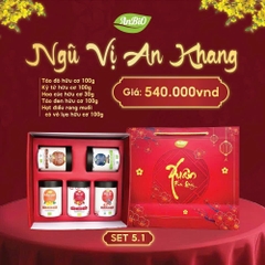 Set 5.1 - Ngũ vị an khang ( táo đỏ, kỷ tử, hoa cúc, táo đen, hạt điều rang muối có vỏ lụa (hộp tròn thấp)) (Set)