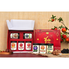 Set 5.2 - Ngũ phúc khai xuân ( táo đỏ, kỷ tử, hoa cúc, macca, hạt điều rang muối có vỏ lụa (hộp tròn thấp)) (Set)