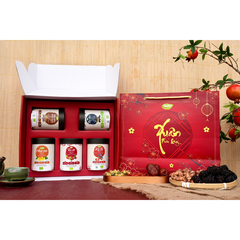 Set 5.2 - Ngũ phúc khai xuân ( táo đỏ, kỷ tử, hoa cúc, macca, hạt điều rang muối có vỏ lụa (hộp tròn thấp)) (Set)