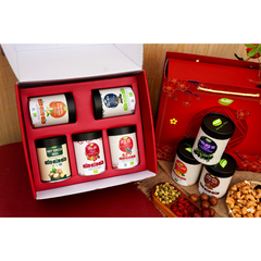 Set 5.3 - Ngũ bảo trường xuân ( táo đỏ, kỷ tử, táo đen, macca, hạt điều rang muối không vỏ lụa (hộp tròn thấp))
