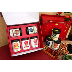 Set 5.2 - Ngũ phúc khai xuân ( táo đỏ, kỷ tử, hoa cúc, macca, hạt điều rang muối có vỏ lụa (hộp tròn thấp)) (Set)