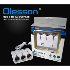 Tẩu chia sạc ô tô,Tẩu chia nguồn 3 ổ và 2 USB hàng cao cấp Olesoon có cầu chì bảo vệ điện an toàn phù hợp 12/24V