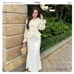 Đầm Maxi Hoa Nhí Cổ V Bèo Tay Dài Dáng Ôm Ruzimay R2500 Floral Peplum
