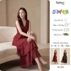 Đầm Maxi Ruzimay Chấm Bi Xếp Tầng Cổ Đắp Chéo R1700