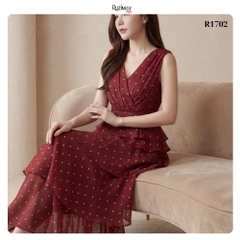 Đầm Maxi Ruzimay Chấm Bi Xếp Tầng Cổ Đắp Chéo R1700
