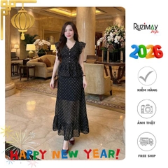 Đầm maxi Ruzimay tay hến chấm bi voan dáng dài R1500
