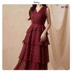 Đầm Maxi Ruzimay Chấm Bi Xếp Tầng Cổ Đắp Chéo R1700