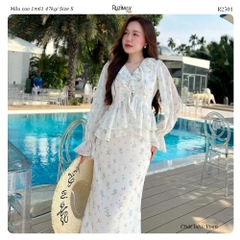 Đầm Maxi Hoa Nhí Cổ V Bèo Tay Dài Dáng Ôm Ruzimay R2500 Floral Peplum