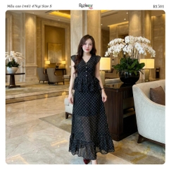 R1500 Đầm maxi Ruzimay tay hến chấm bi voan dáng dài