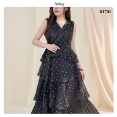Đầm Maxi Ruzimay Chấm Bi Xếp Tầng Cổ Đắp Chéo R1700