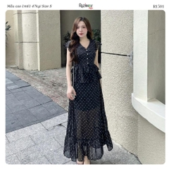 R1500 Đầm maxi Ruzimay tay hến chấm bi voan dáng dài