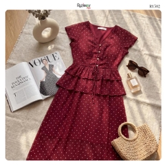 R1500 Đầm maxi Ruzimay tay hến chấm bi voan dáng dài