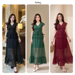 R1500 Đầm maxi Ruzimay tay hến chấm bi voan dáng dài