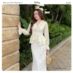 Đầm Maxi Hoa Nhí Cổ V Bèo Tay Dài Dáng Ôm Ruzimay R2500 Floral Peplum