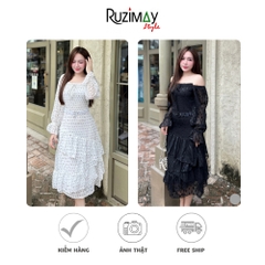 Đầm maxi chấm bi voan đai eo R1100