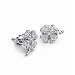 Khuyên tai bạc 925 Luna Jewelry dạng chuôi hình cỏ 4 lá nạm đá