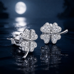 Khuyên tai bạc 925 Luna Jewelry dạng chuôi hình cỏ 4 lá nạm đá