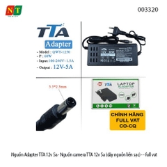 Nguồn Adapter TTA 12V–5A – Bộ nguồn camera 12V 5A – Dây nguồn liền sạc – Chân DC 5.5×2.5mm (dùng được 5.5×2.1mm)