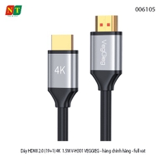 Dây HDMI 2.0 (19+1) 4K 1.5M V-H301 Veggieg – Truyền Tín Hiệu Siêu Nét – Hàng Chính Hãng – Full VAT