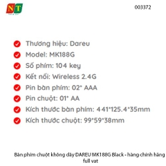 Combo DAREU MK188G Black – Bàn phím full-size + Chuột không dây 2.4GHz – Chính hãng – Full VAT