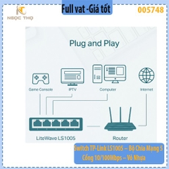 Switch TP-Link LS1005 – Bộ chia mạng 5 cổng 10/100Mbps - Vỏ nhựa | Plug & Play | Nhỏ gọn | Hàng chính hãng | BH 24 tháng