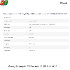 Ổ cứng di động WD Elements 2.5" 2TB – USB 3.0 (tương thích USB 2.0) – Chính hãng – Full VAT – BH 24T