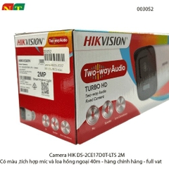 Camera HIKVISION DS-2CE17D0T-LTS 2MP – Có màu – Mic & loa – Hồng ngoại 40m – Chính hãng – Full VAT