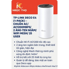 Bộ Phát Wi-Fi Mesh TP-Link Deco E4 (1-Pack) – Chuẩn AC1200Mbps – 2 Ăng-ten Ngầm – Hỗ Trợ 25 Thiết Bị – Chính Hãng