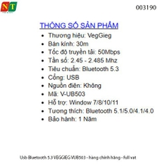Usb Bluetooth 5.3 VEGGIEG VUB503 - hàng chính hãng - full vat