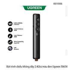 Bút trình chiếu không dây Ugreen 50654 – 2.4GHz – có laser – màu đen – chính hãng – bảo hành 24 tháng – full VAT