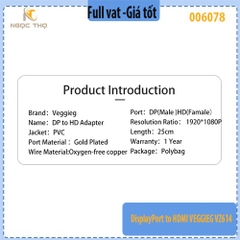 Bộ Chuyển Đổi DisplayPort Sang HDMI Veggieg VZ614 – Hỗ Trợ Full HD 1080p@60Hz – Hàng Chính Hãng – Full VAT