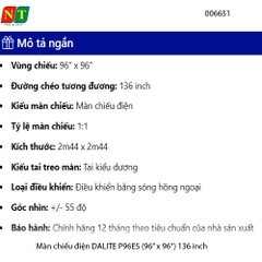 Màn chiếu điện điều khiển DALITE P96ES 135” (96×96 | 2.44×2.44m) – Tỷ lệ 1:1 – Matte White K – Remote RF – Chính hãng
