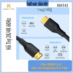 Dây HDMI 2.0 Dài 3m VegGieg V-H108 – Hỗ Trợ 2K/4K 60Hz – Cao Cấp, Chính Hãng - full vat