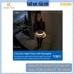 Chuông Cửa Thông Minh TP-Link Tapo D210 – Camera 2K 3MP, Góc Nhìn 160°, Pin 6400mAh, Đàm Thoại 2 Chiều, Hồng Ngoại Màu