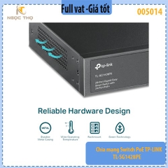 Chia mạng Switch PoE TP-LINK TL-SG1428PE – 28 cổng Gigabit (24 PoE+ 802.3af/at), PoE Budget 250W, 2× SFP –  Chính hãng