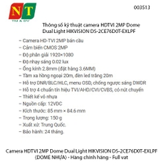 Camera HDTVI 2MP Dome Dual Light HIKVISION DS-2CE76D0T-EXLPF- Hàng chính hãng - Full vat