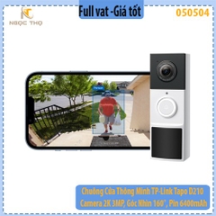 Chuông Cửa Thông Minh TP-Link Tapo D210 – Camera 2K 3MP, Góc Nhìn 160°, Pin 6400mAh, Đàm Thoại 2 Chiều, Hồng Ngoại Màu