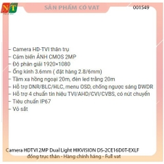 Camera HDTVI 2MP Dual Light HIKVISION DS-2CE16D0T-EXLF - Hàng chính hãng - Full vat