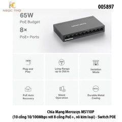 Switch PoE Mercusys MS110P – Chia mạng PoE -  8 cổng Poe | 2 uplink | 10/100Mbps | 65W | Vỏ kim loại