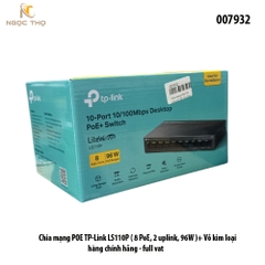 Switch PoE TP-Link LS110P – Chia mạng Poe LS110P 8 cổng PoE+ & 2 uplink 10/100Mbps – PoE 96W – Vỏ kim loại – Chính hãng