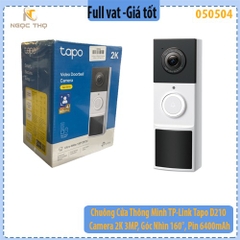 Chuông Cửa Thông Minh TP-Link Tapo D210 – Camera 2K 3MP, Góc Nhìn 160°, Pin 6400mAh, Đàm Thoại 2 Chiều, Hồng Ngoại Màu