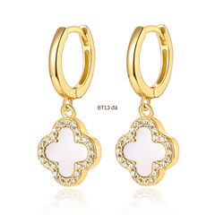 Lucky Clover Drop Hoops Earrings | Khuyên Tai Sterling Silver 925 Phủ Bạch Kim/Vàng 18K