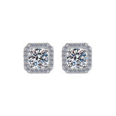 Square Halo Stud Earrings | Khuyên Tai Moissanite 2 Carat Round Cut | Sterling Silver 925 | Kèm Giấy Kiểm Định GRA
