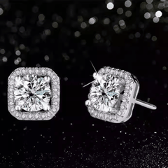 Square Halo Stud Earrings | Khuyên Tai Moissanite 2 Carat Round Cut | Sterling Silver 925 | Kèm Giấy Kiểm Định GRA
